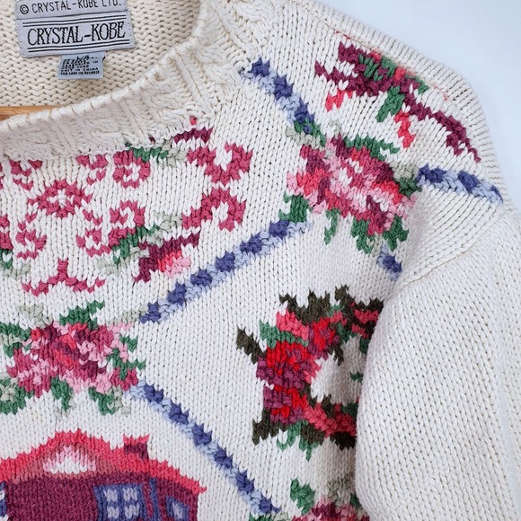 VTG 90s Crystal Kobe Floral Housecore Embroidered Novelty Heavy Knit Sweater L - Picture 4 of 10